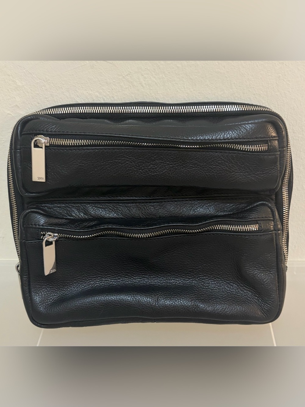 NWOT Zara Man Black Pebbled Leather Zip Travel Pouch Bag